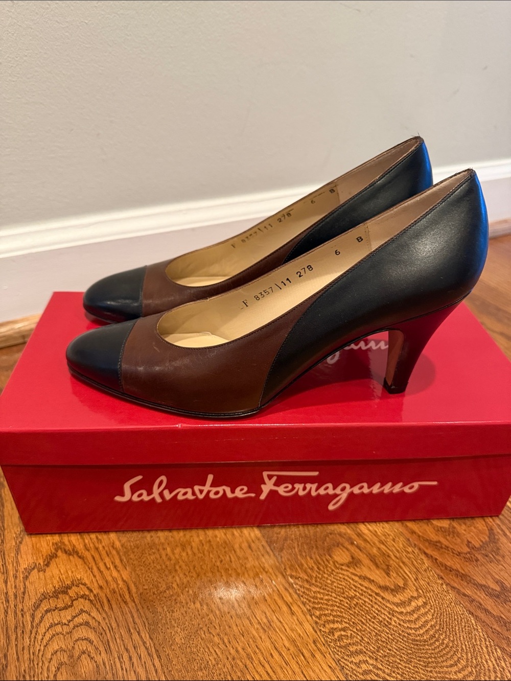 Salvatore Ferragamo Two-Tone Brown and Black Leather Pumps